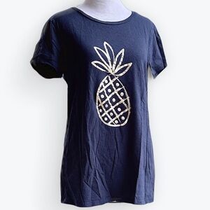 Summery Casual Cotton Metallic Gold Pineapple Navy Blue Short Sleeved Tee ~ M